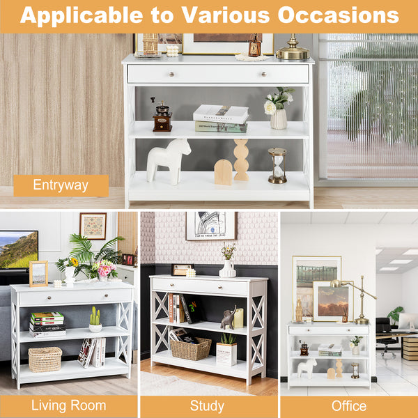 3-Tier Console Table with Drawer and Storage Shelves - White
