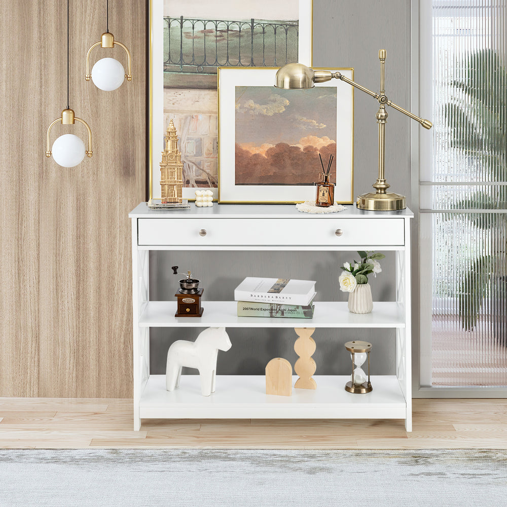 3-Tier Console Table with Drawer and Storage Shelves - White