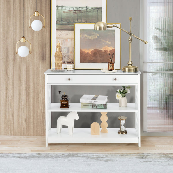 3-Tier Console Table with Drawer and Storage Shelves - White