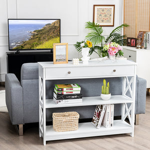 3-Tier Console Table with Drawer and Storage Shelves - White