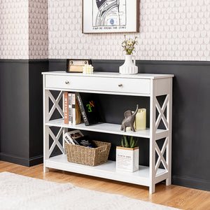 3-Tier Console Table with Drawer and Storage Shelves - White
