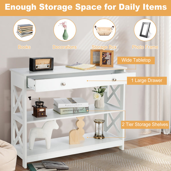 3-Tier Console Table with Drawer and Storage Shelves - White