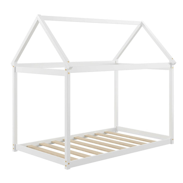 Stable floor bed for children with roof and sturdy slats - White