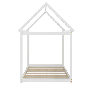 Stable floor bed for children with roof and sturdy slats - White