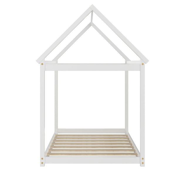 Stable floor bed for children with roof and sturdy slats - White