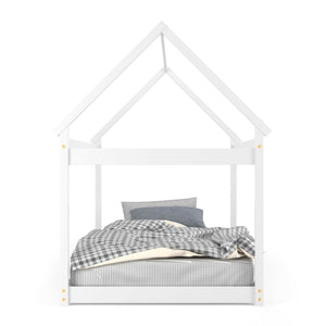 Stable floor bed for children with roof and sturdy slats - White