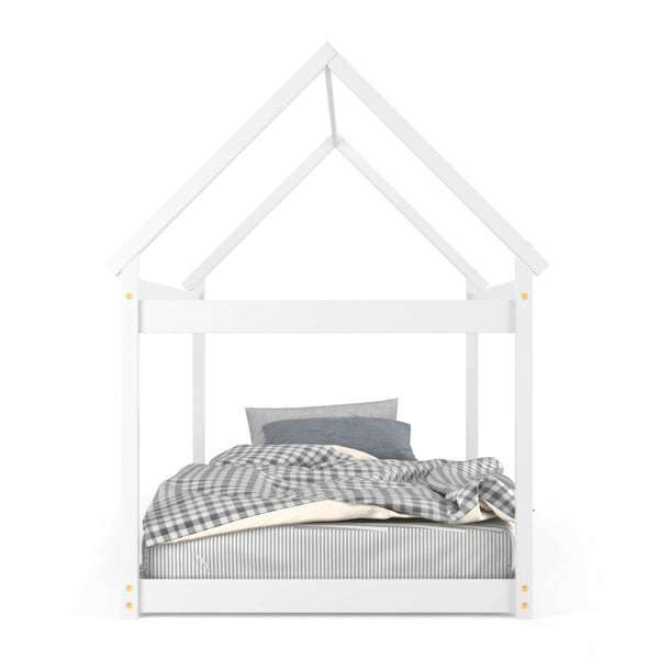Stable floor bed for children with roof and sturdy slats - White