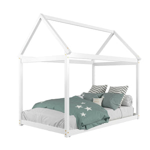 Stable floor bed for children with roof and sturdy slats - White
