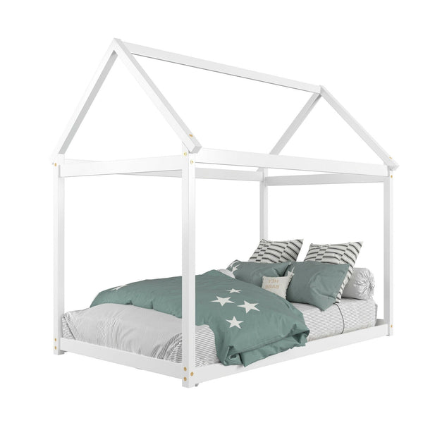 Stable floor bed for children with roof and sturdy slats - White