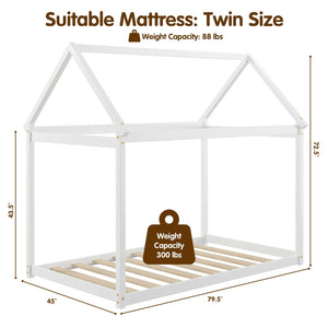 Stable floor bed for children with roof and sturdy slats - White