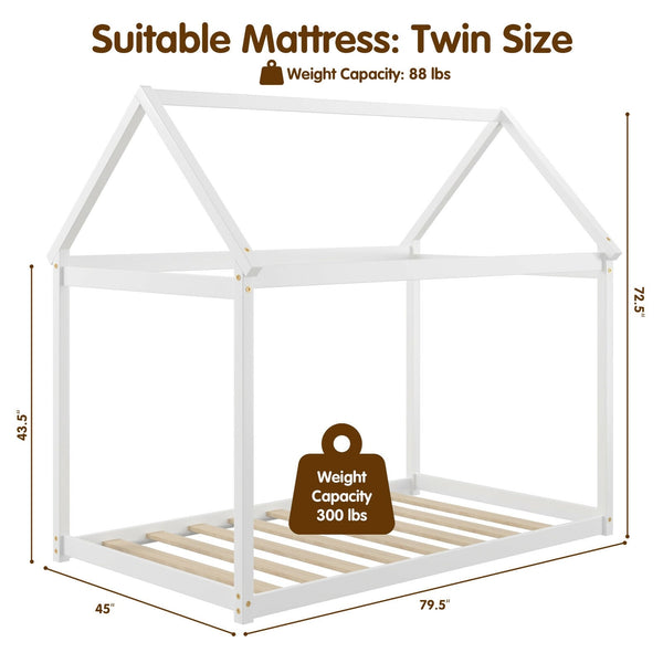 Stable floor bed for children with roof and sturdy slats - White
