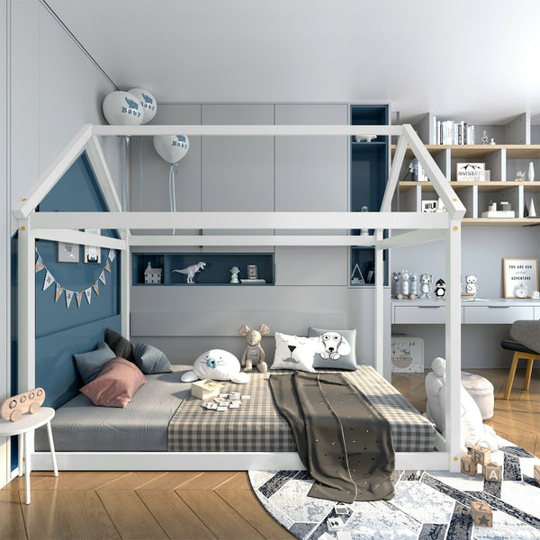 Stable floor bed for children with roof and sturdy slats - White