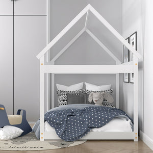 Stable floor bed for children with roof and sturdy slats - White