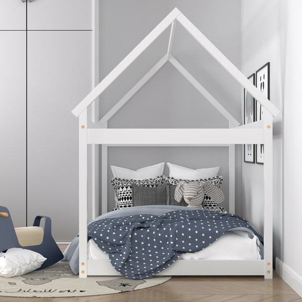 Stable floor bed for children with roof and sturdy slats - White