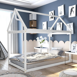 Stable floor bed for children with roof and sturdy slats - White