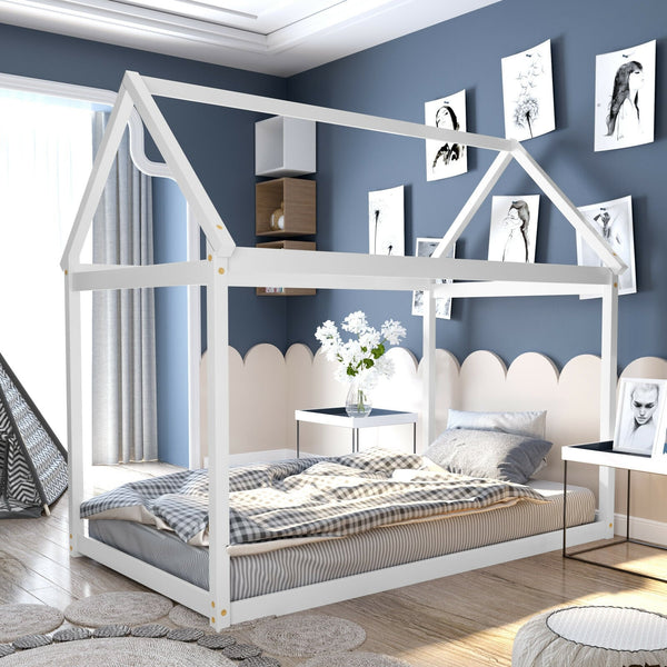 Stable floor bed for children with roof and sturdy slats - White