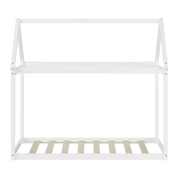 Stable floor bed for children with roof and sturdy slats - White