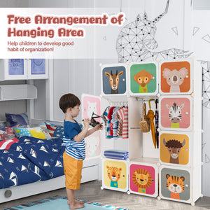 12-cube kids' storage unit with hanging section and doors - White