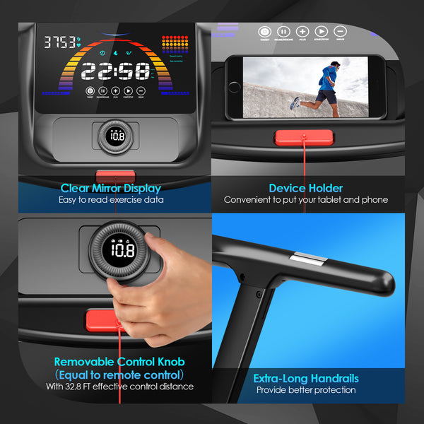 Folding treadmill, 4.75 HP, with pre-set programs and touchscreen control - Black