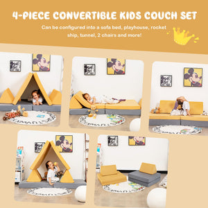 4-Piece Children's Convertible Sofa Set with 2 Folding Mats - Yellow