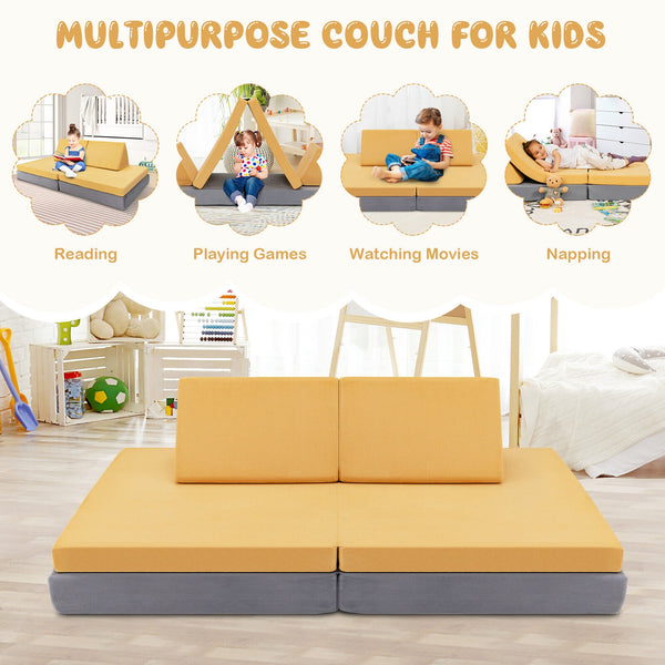 4-Piece Children's Convertible Sofa Set with 2 Folding Mats - Yellow