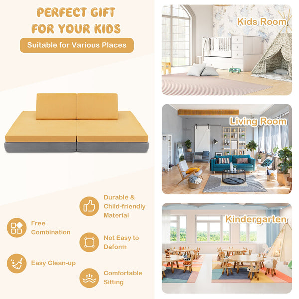 4-Piece Children's Convertible Sofa Set with 2 Folding Mats - Yellow