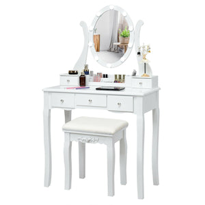 10-Dimmable Light Vanity Table Set with Lighted Mirror and Cushioned Stool - White