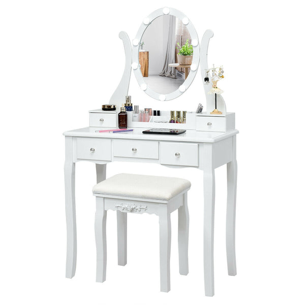 10-Dimmable Light Vanity Table Set with Lighted Mirror and Cushioned Stool - White