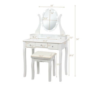 10-Dimmable Light Vanity Table Set with Lighted Mirror and Cushioned Stool - White