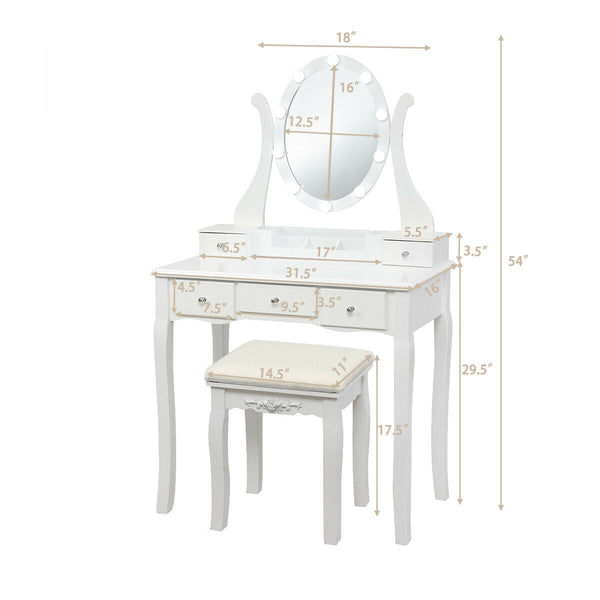 10-Dimmable Light Vanity Table Set with Lighted Mirror and Cushioned Stool - White