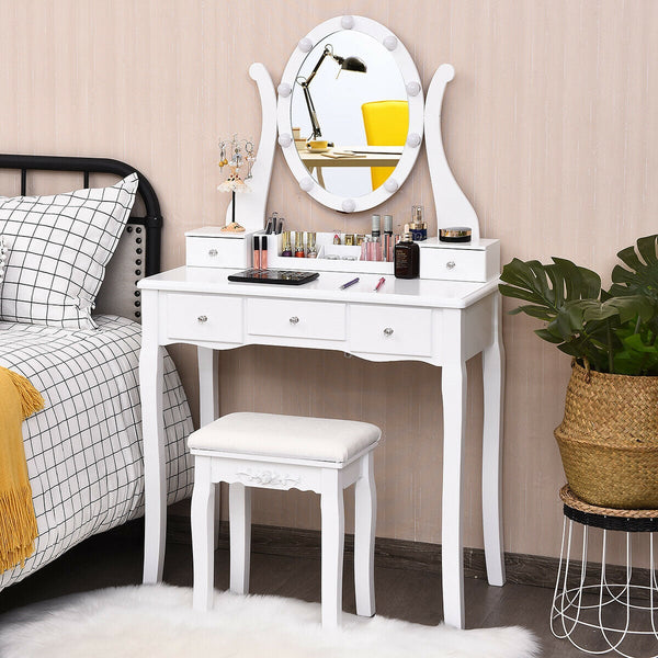10-Dimmable Light Vanity Table Set with Lighted Mirror and Cushioned Stool - White