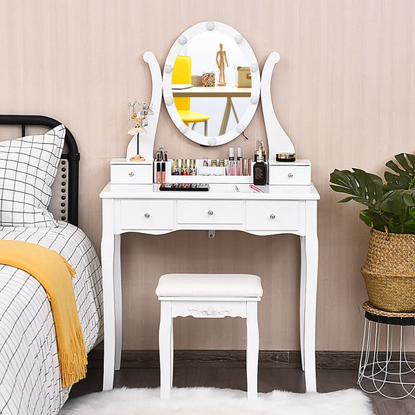 10-Dimmable Light Vanity Table Set with Lighted Mirror and Cushioned Stool - White