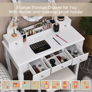 10-Dimmable Light Vanity Table Set with Lighted Mirror and Cushioned Stool - White