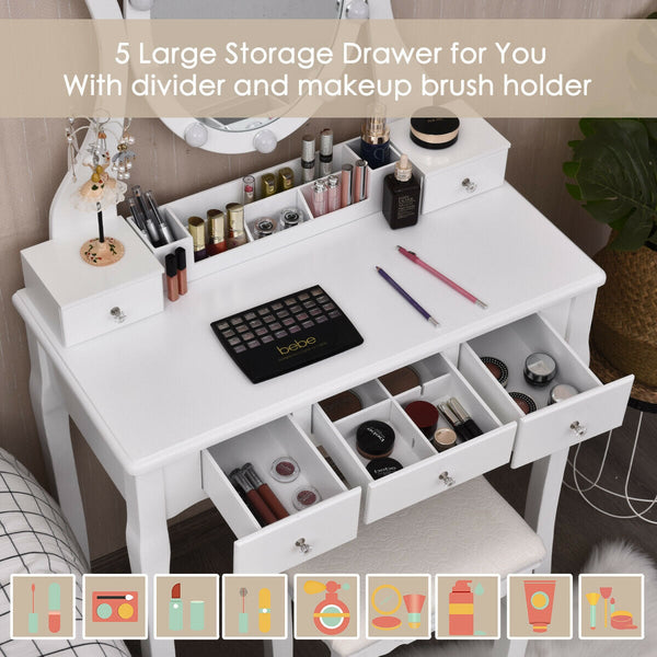 10-Dimmable Light Vanity Table Set with Lighted Mirror and Cushioned Stool - White