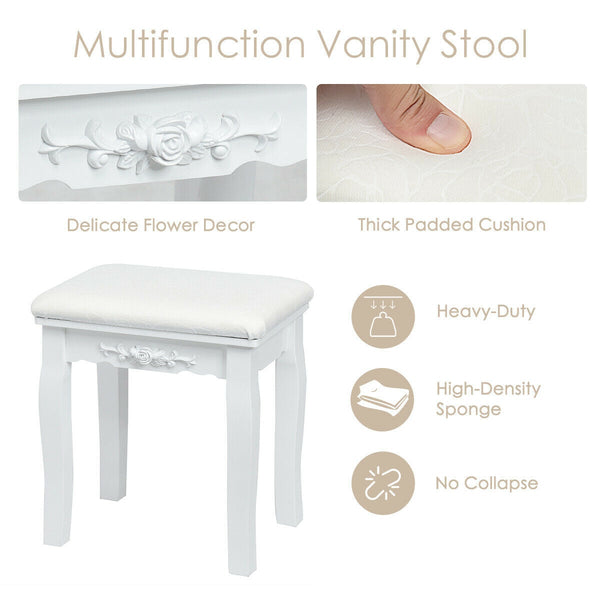 10-Dimmable Light Vanity Table Set with Lighted Mirror and Cushioned Stool - White