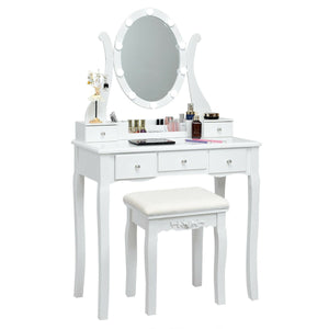 10-Dimmable Light Vanity Table Set with Lighted Mirror and Cushioned Stool - White