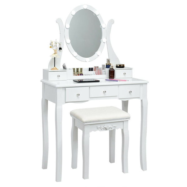 10-Dimmable Light Vanity Table Set with Lighted Mirror and Cushioned Stool - White