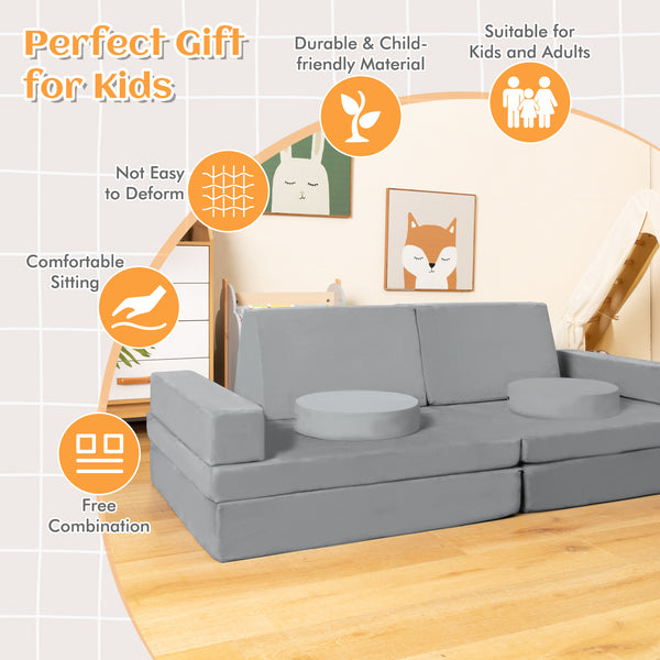 8-Piece Children's Play Sofa with Carrying Handle - Grey