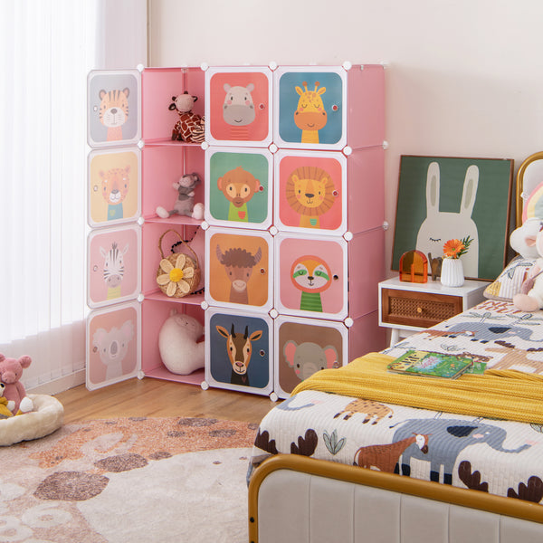 12-cube kids' storage unit with hanging section and doors - White