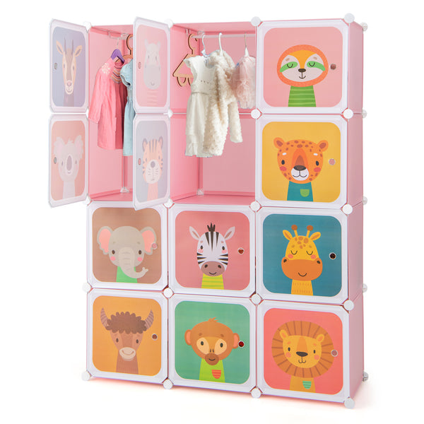 12-cube kids' storage unit with hanging section and doors - White