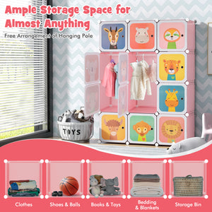 12-cube kids' storage unit with hanging section and doors - White