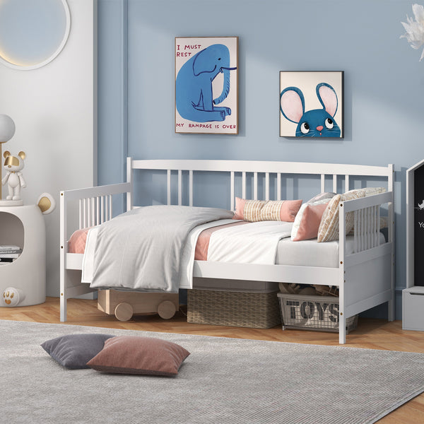 Single slatted wooden daybed with rails - White