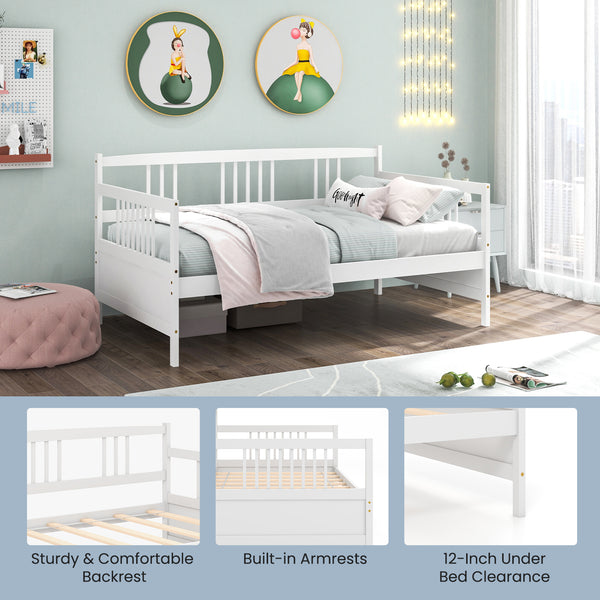 Single slatted wooden daybed with rails - White