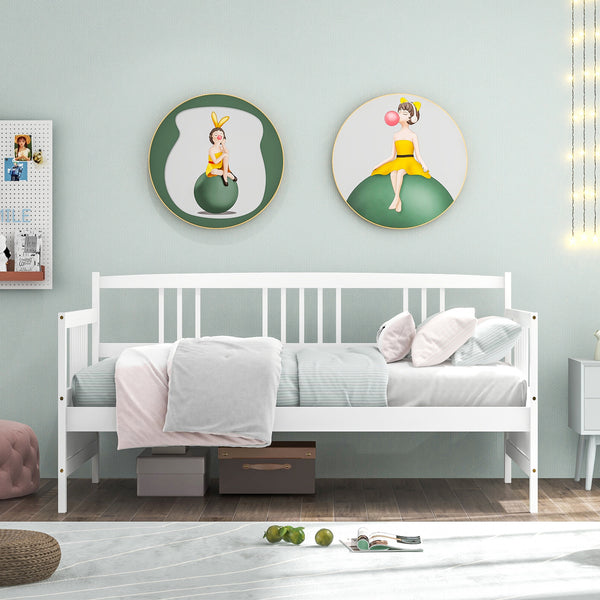 Single slatted wooden daybed with rails - White