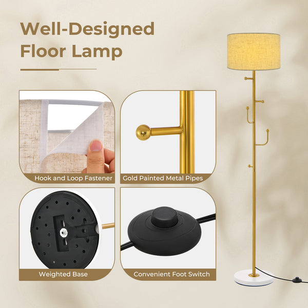 Tall floor lamp with 5 hooks and sturdy weighted base