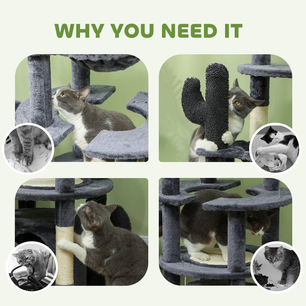 71" Cat Tree with Scratching Posts, Sisal Mat, Condo, Bed, Hammock, Play Balls, Dark Grey
