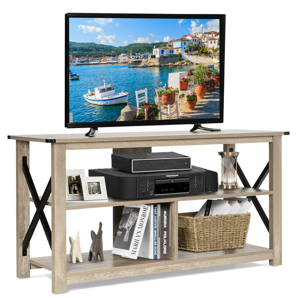 Modern farmhouse style TV furniture entertainment center for TVs up to 55 inches with open shelves