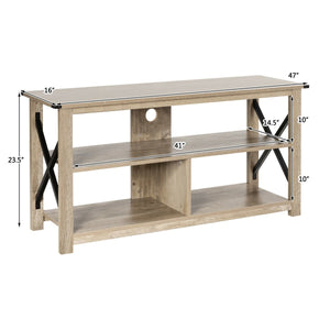 Modern farmhouse style TV furniture entertainment center for TVs up to 55 inches with open shelves
