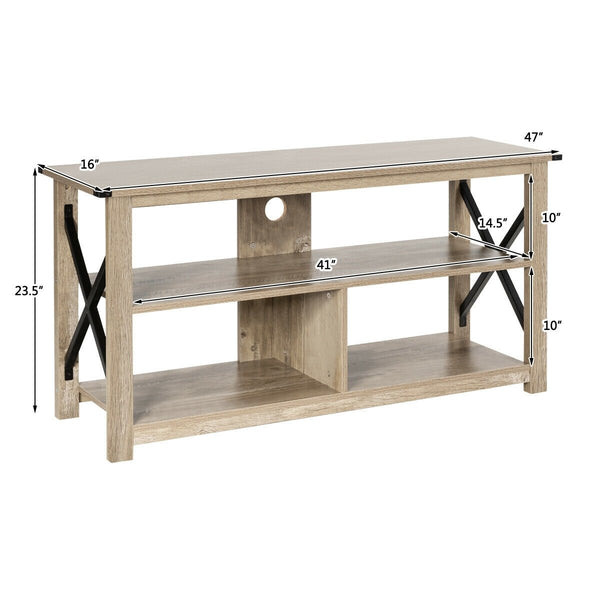 Modern farmhouse style TV furniture entertainment center for TVs up to 55 inches with open shelves