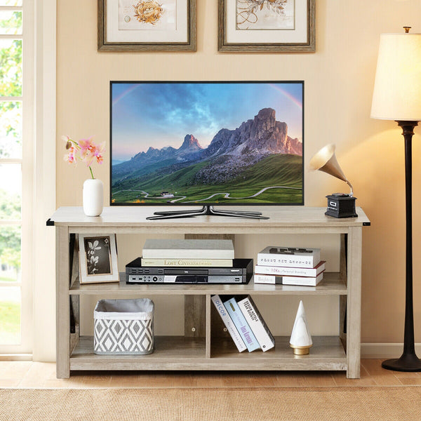 Modern farmhouse style TV furniture entertainment center for TVs up to 55 inches with open shelves